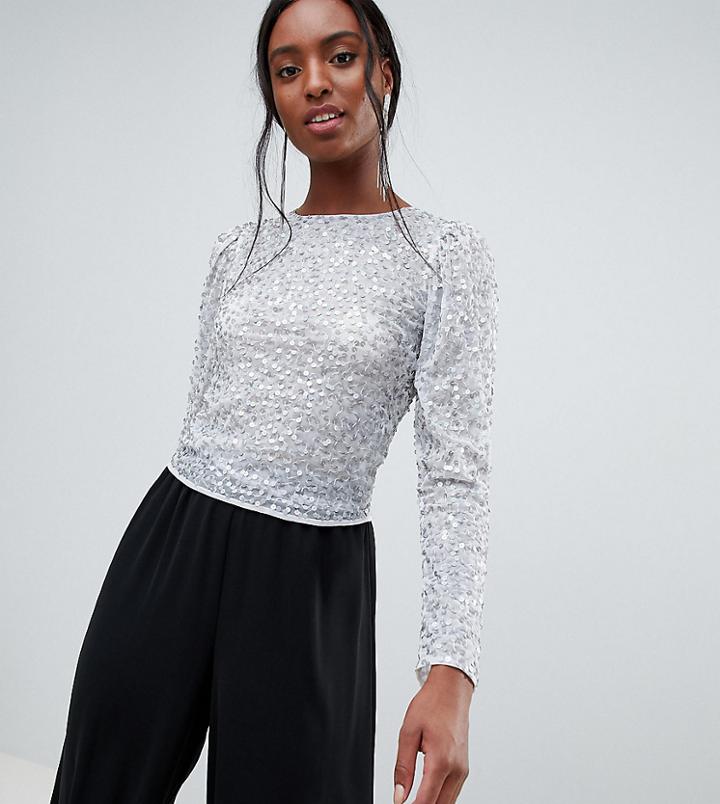 Asos Design Tall Long Sleeve Top With Sequin Embellishment - White