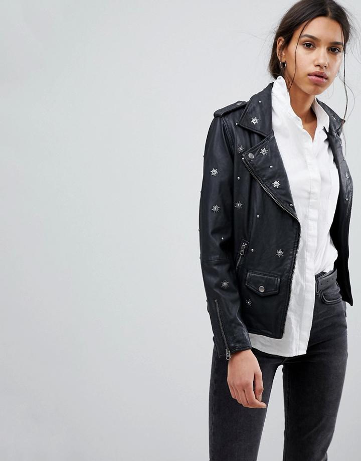Selected Femme Studded Leather Biker Jacket - Black