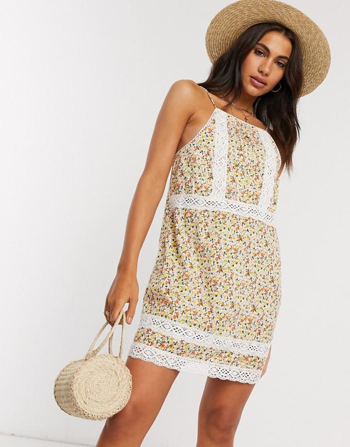 Asos Design Lace Insert And Dobby Mini Sundress In Floral Print-multi