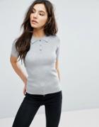 Only Ribbed Polo T-shirt With Button Front - Gray