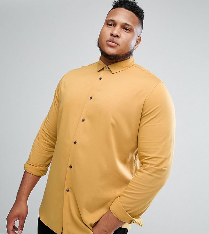 Asos Plus Slim Stretch Viscose Shirt In Mustard - Yellow