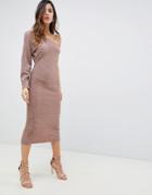 Asos Design One Sleeve Metallic Plisse Midi Dress - Pink