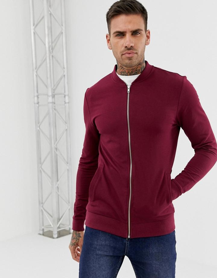 Asos Design Muscle Jersey Bomber Jacket In Red