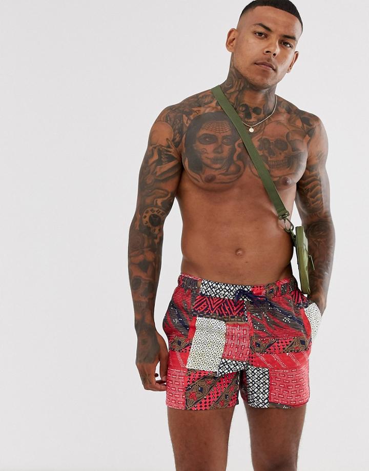 Asos Design Swim Short In Spliced Patchwork Print Short Length-red