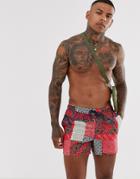 Asos Design Swim Short In Spliced Patchwork Print Short Length-red