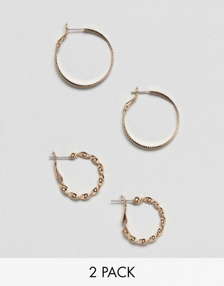 Asos Design Pack Of 2 Hoop Earrings In Vintage Style Twist And Etched Design In Gold - Gold