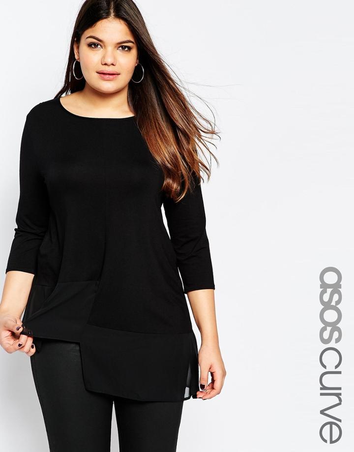 Asos Curve Swing Top With 3/4 Sleeve And Chiffon Hem - Black