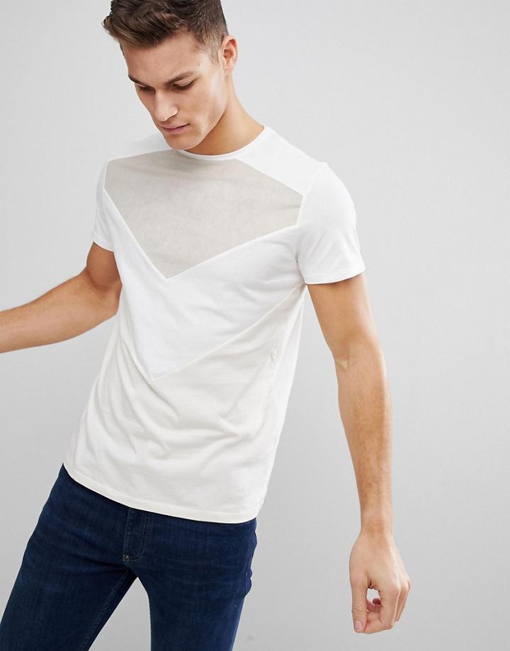Stradivarius Suede Panel T-shirt In Cream - Cream