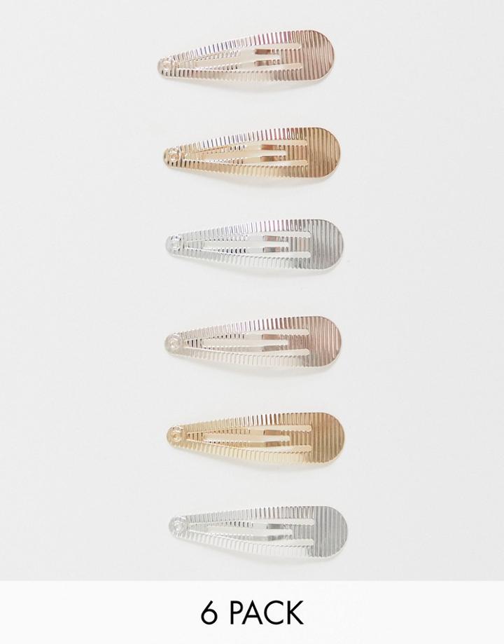 Asos Design Pack Of 6 Snap Hair Clips In Crimped Texture - Multi