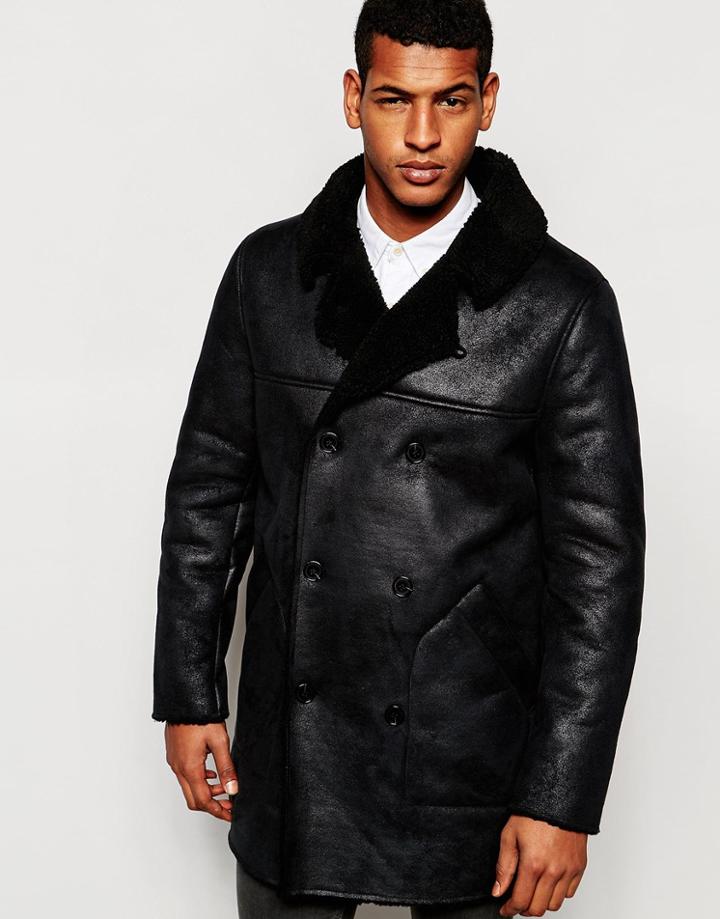 Asos Double Breasted Asymmetric Faux Shearling Jacket In Black - Black