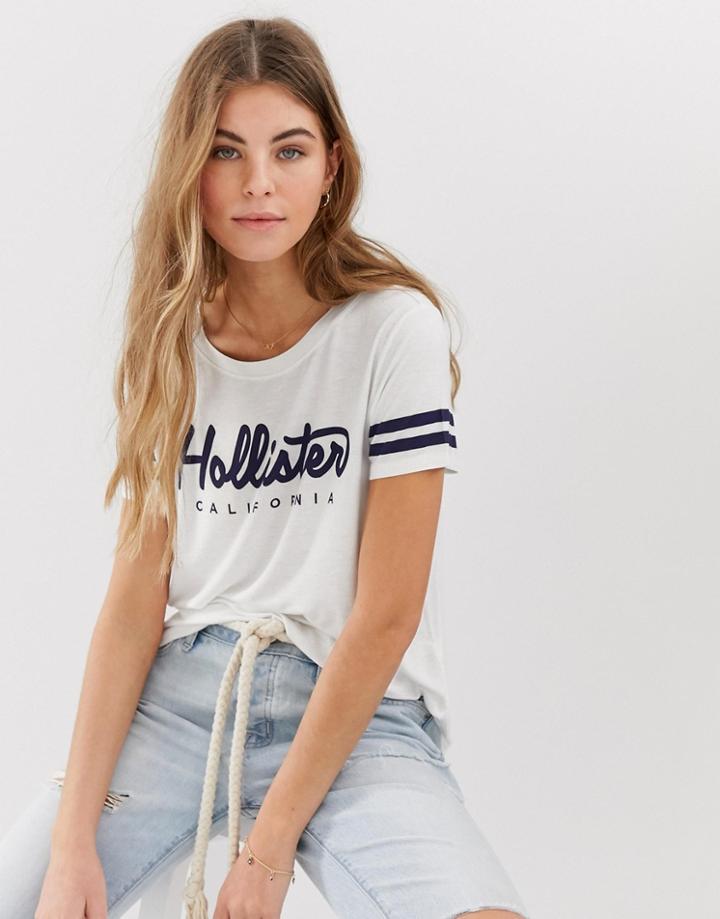 Hollister Drapey Logo T-shirt With Sport Stripe Sleeve - White