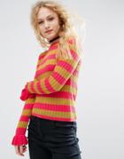 Asos Sweater In Metallic Stripe With Ruffle Sleeve Detail - Pink