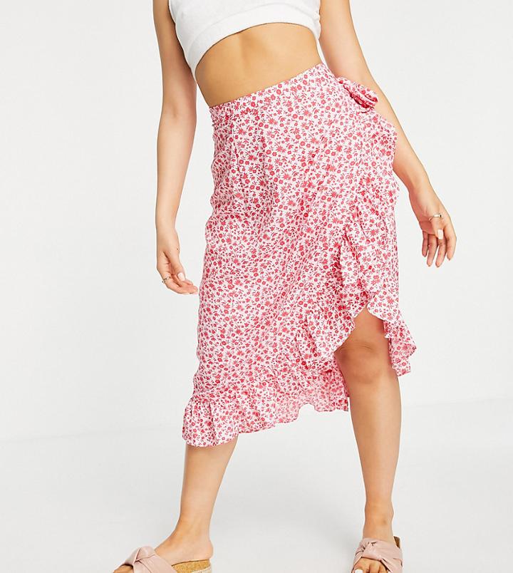 Vero Moda Petite Wrap Frill Midi Skirt In Pink Floral