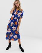 Influence Floral Midi Dress With Shirred Sleeves - Navy