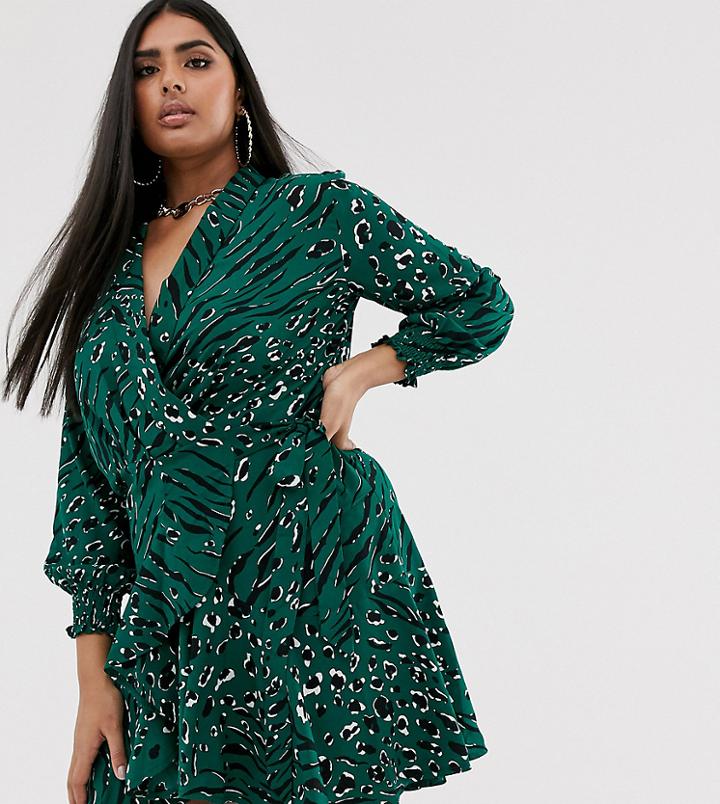 Club L London Plus Wrap Front Shawl Collar Frill Dress - Multi