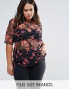 New Look Plus Floral Mesh Front Tee - Red