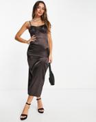 Flounce London Satin Midi Dress With Ruched Cup Details In Midnight Brown