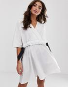 Asos Design V Front V Back Ruched Waist Mini Smock Dress - White
