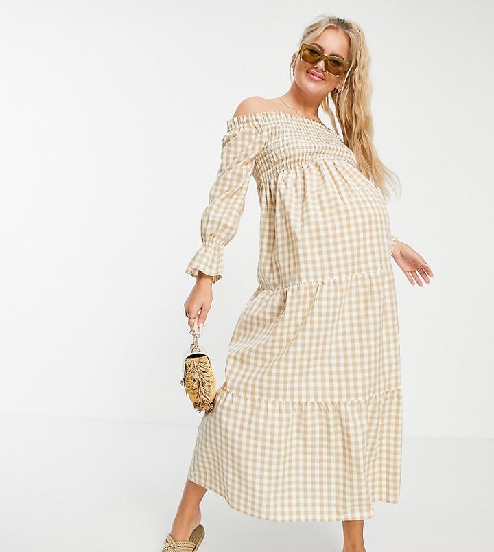 Violet Romance Maternity Off Shoulder Long Sleeve Tiered Midaxi Dress In Gingham-neutral