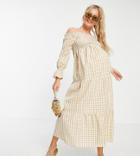 Violet Romance Maternity Off Shoulder Long Sleeve Tiered Midaxi Dress In Gingham-neutral