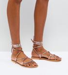 Asos Flow Leather Tie Leg Flat Sandals - Gold
