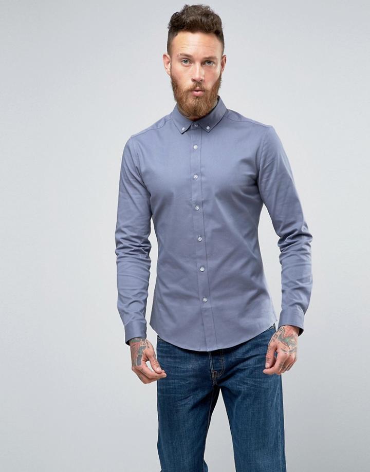 Asos Skinny Twill Shirt In Blue - Blue