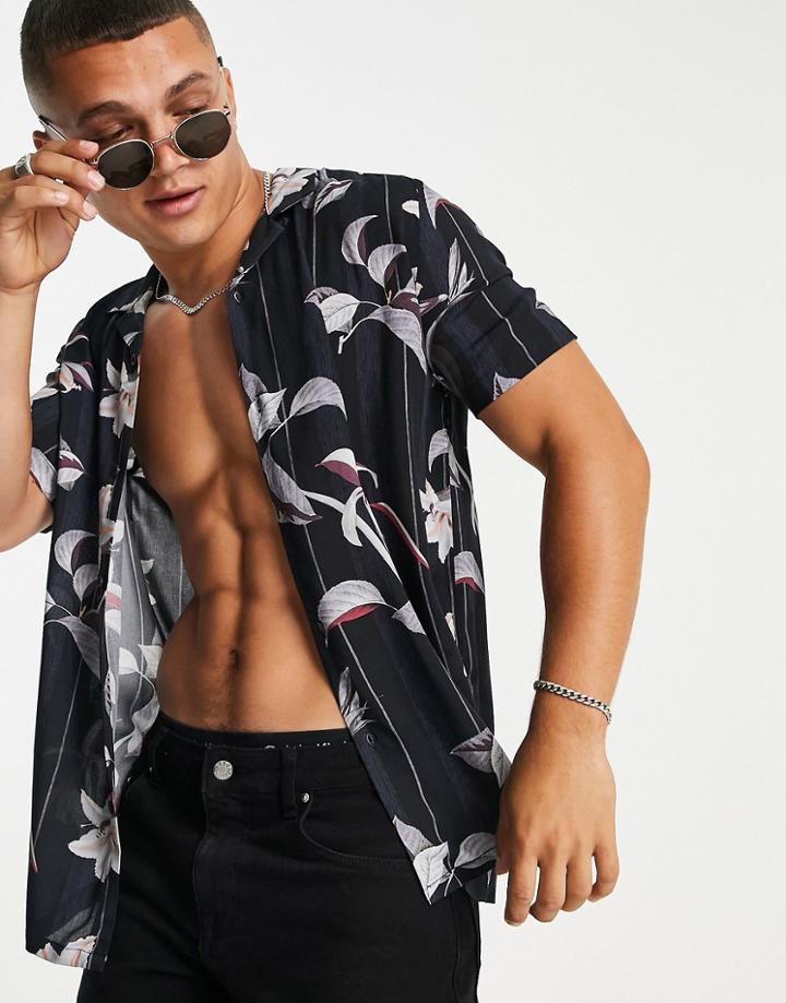 Topman Stripe Floral Shirt In Black