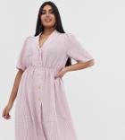 Fashion Union Plus Button Front Midi Shirt Dress In Gingham - Pink
