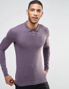 Asos Fitted Fit Knitted Polo In Cotton - Purple Nep