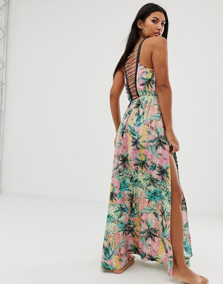 Asos Design Ombre Tropical Print Beach Maxi Dress With Lattice Back - Multi