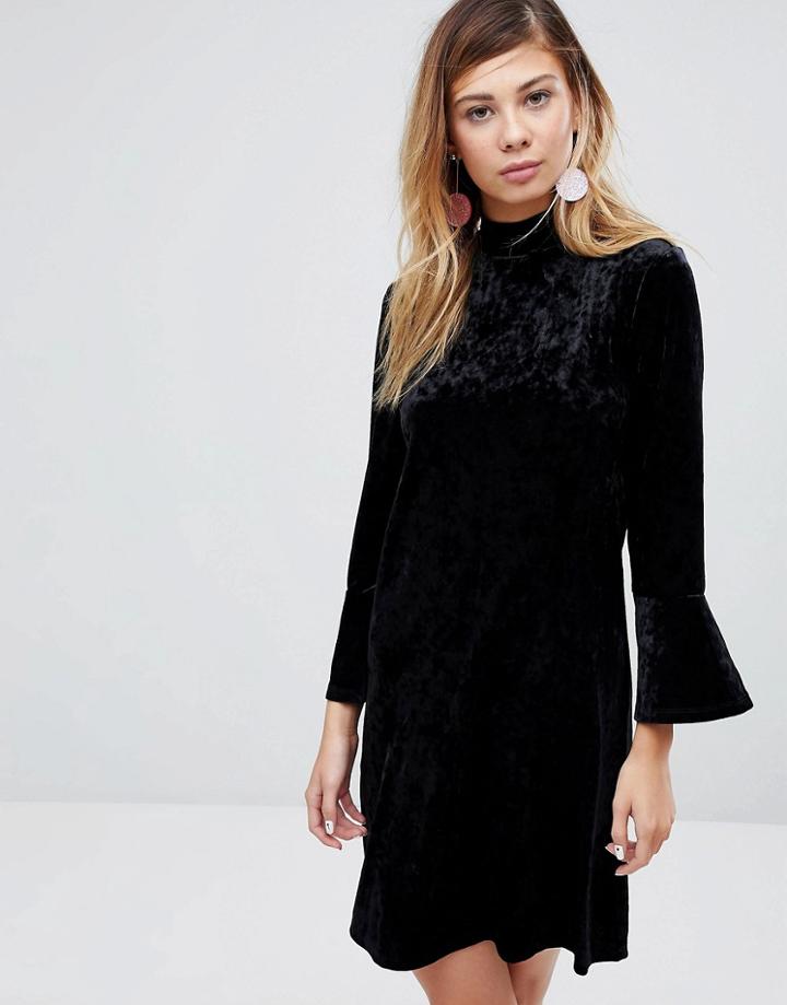 Monki High Neck Velvet Dress - Black