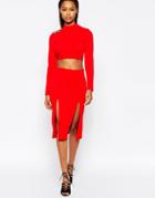 City Goddess Midi Skirt With Double Thigh Splits - Red