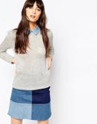 Asos Sweater In Tweed Knit With Denim Chambray Collar - Gray