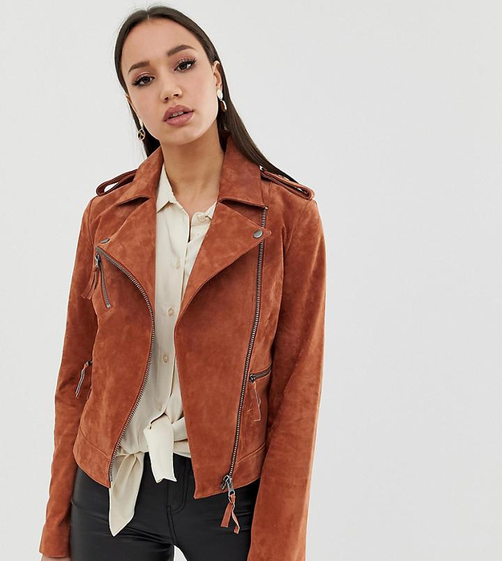 Asos Design Tall Suede Biker Jacket-brown