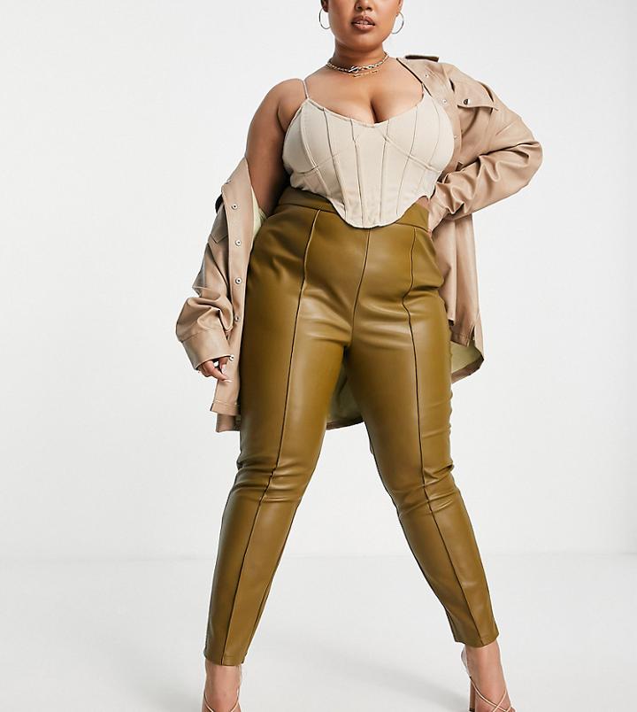 Asos Design Curve Pintuck Leather Look Pant In Khaki Green