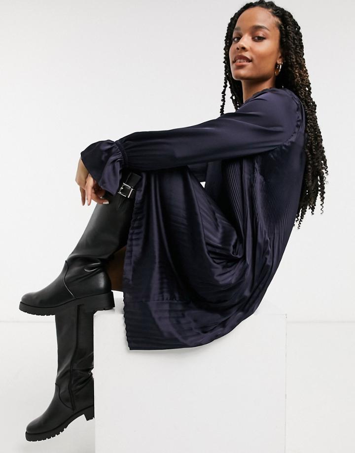 Elvi High Neck Pleated Dress In Navy