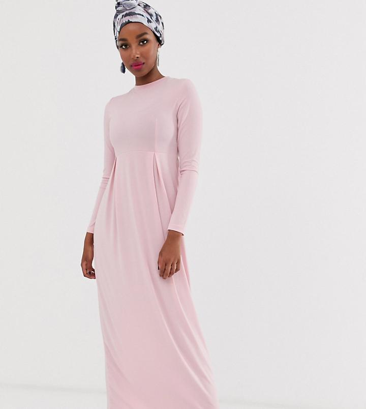 Verona Long Sleeve Jersey Maxi Dress With Pleat In Pink - Pink