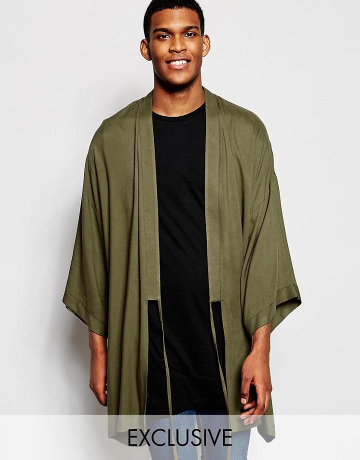 Reclaimed Vintage Kimono With Front Tie - Khaki