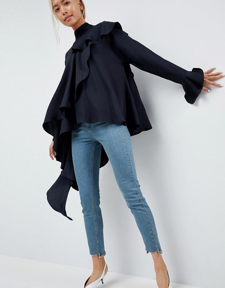 Asos White Waterfall Frill Crepe Top - Navy