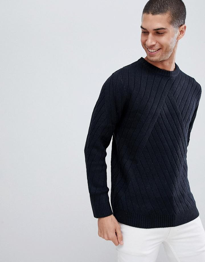 Bellfield Jacquard Crew Neck Sweater - Navy