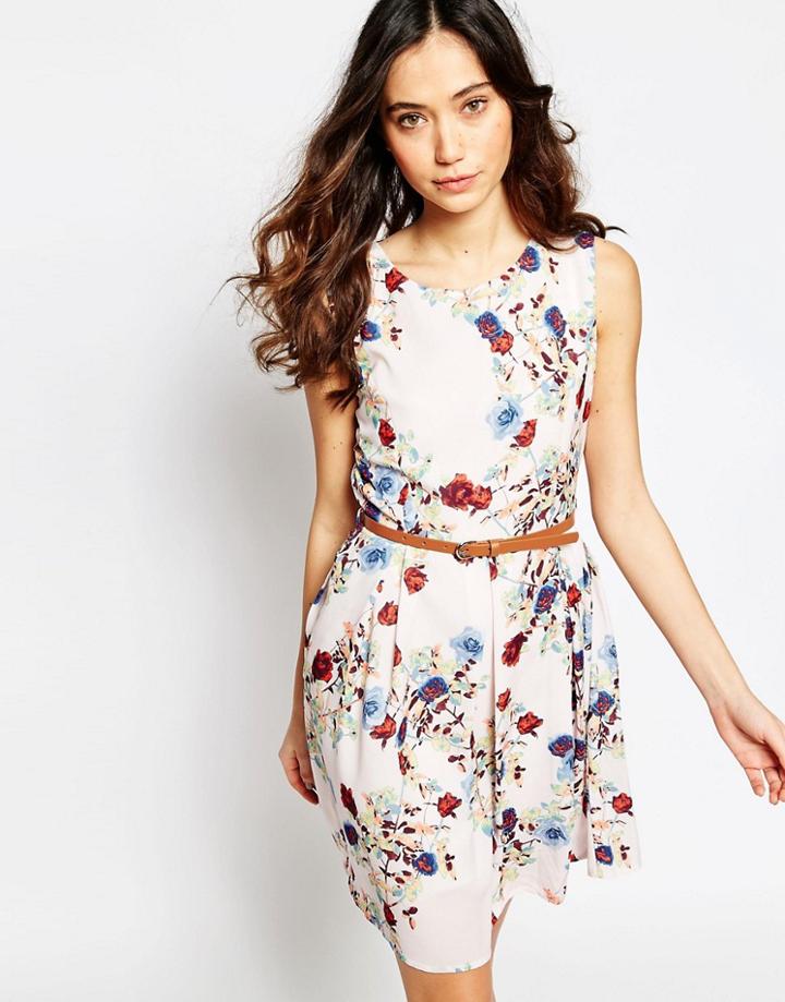 Iska Belted Dress In Rose Print - Cream