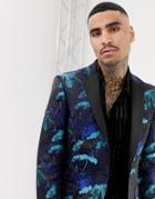Moss London Suit Jacket In Turquoise Floral Jacquard - Blue