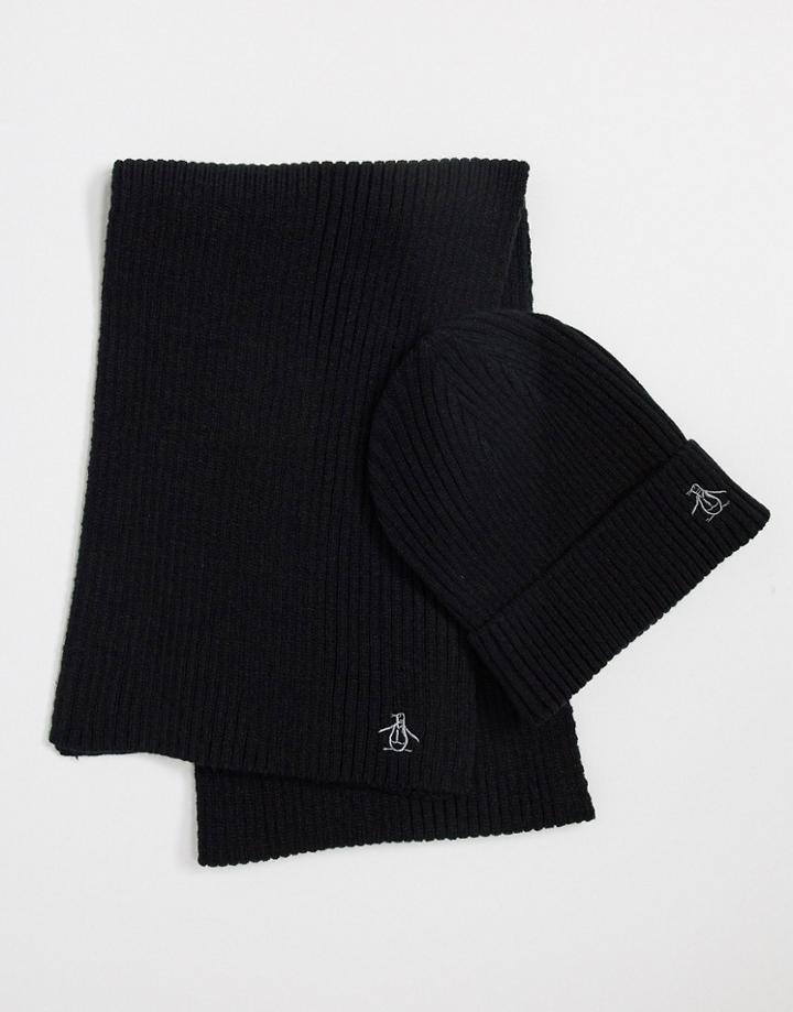 Original Penguins Colony Boxed Hat And Scarf Set In Black And Silver Gray