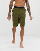 Asos Design Pyjama Shorts With Drop Crotch In Khaki Organic Cotton With Branded Waistband - Green
