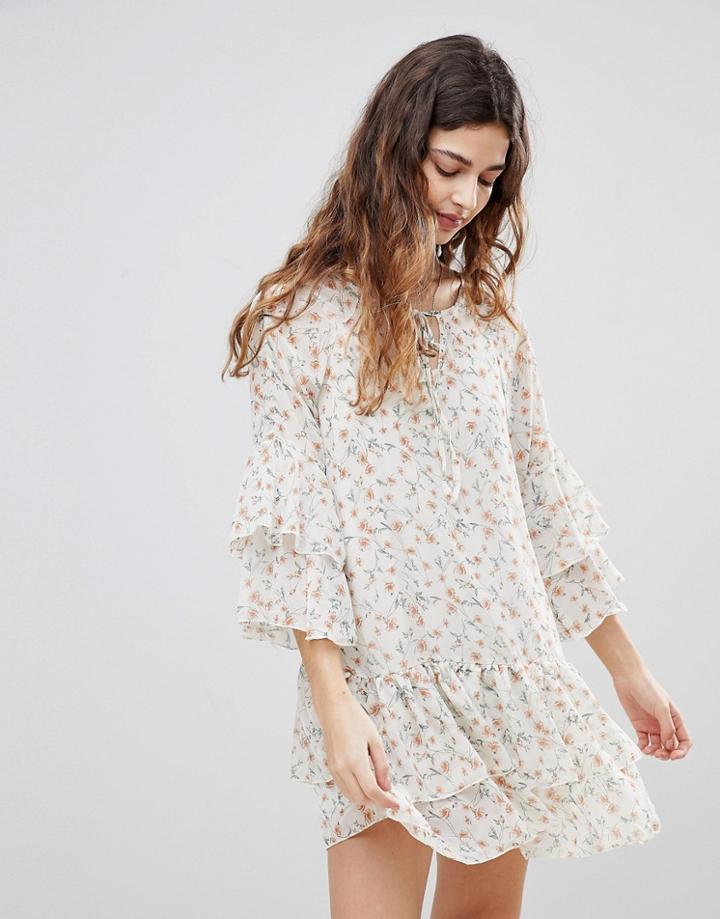 Crescent Floral Print Chiffon Ruffled Dress - Cream