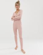 Asos Design Rib Fitted High Waisted Jumpsuit With Tortoishell Buttons - Pink