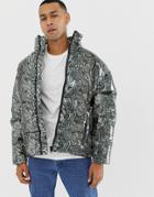 Asos Design Snake Print Puffer Jacket In Gray - Gray