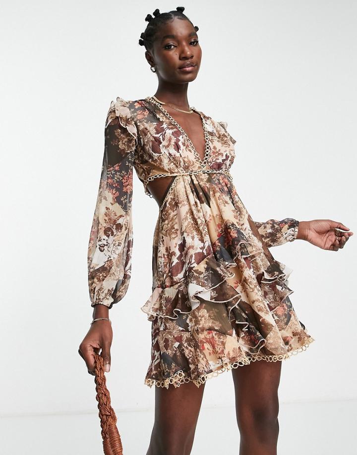 Asos Design Long Sleeve Mini Dress In Patchwork Floral Print With Circle Trims-multi