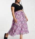 Asos Design Curve Pleated Midi Skirt With Shirred Wasitband In Pink Abstract Animal Print-multi