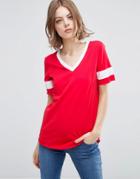 Asos Longline T-shirt With V-neck And Grosgrain Insert - Red